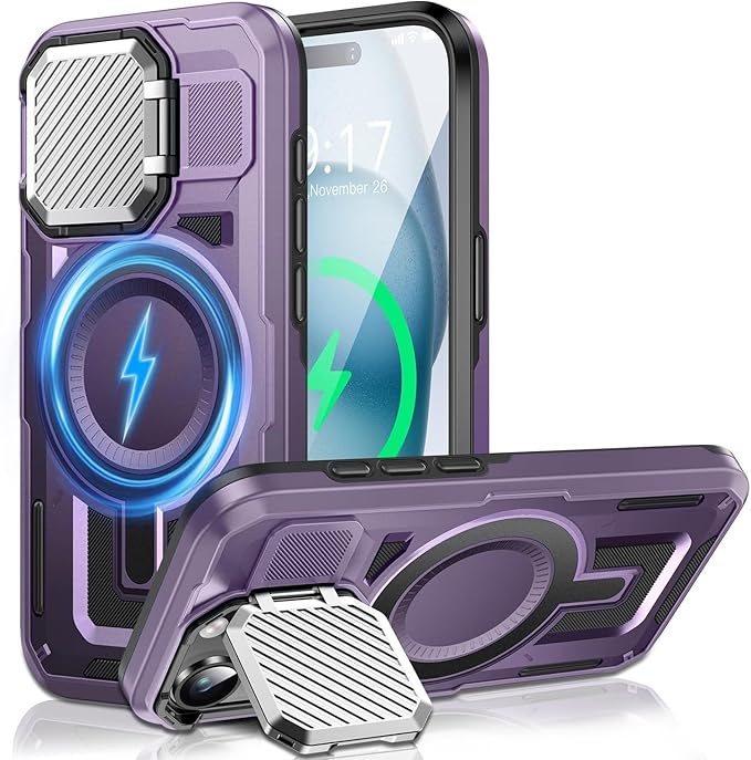 Camera Stand Case for iPhone 15 Plus, [Compatible with Mag Safe] [Lens Cover] 2024 Version Military Grade Protective Soft Case for iPhone 15 Plus 6.7 inch Men Women, Purple