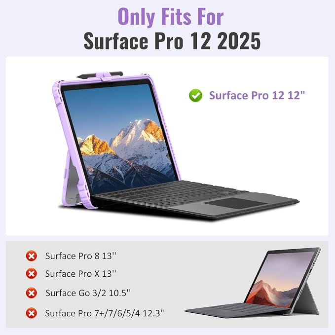 TiMOVO Case for Microsoft Surface Pro 12 Inch 2025 Black | Pen Holder Rugged Clear Back Protective Cover Removable Hand Strap Compatible with Type Cover Keyboard