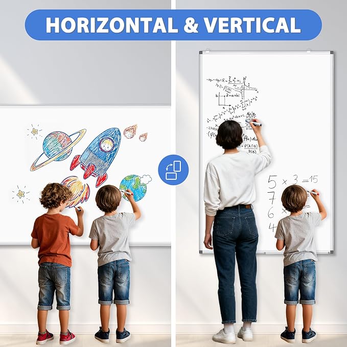 WALGLASS Large White Board, 60" x 40" Double-Sided Dry Erase Board Magnetic Whiteboard for Wall, Hanging Mounted Whiteboard Silver Aluminium Frame for Home, School, Office