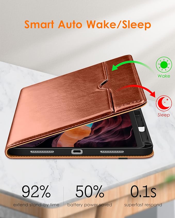 DTTO for iPad (A16) 11th Generation 11-inch &amp 10th Gen Case Brown | Premium Leather Business Cover with Pencil Holder Hand Strap &amp Pocket Corner Protection Auto Sleep/Wake for Work &amp