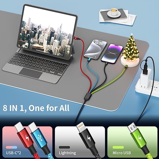 4 in 1 Multi Charging Cable 2 Pack 6FT Charging Cords for Devices | Nylon Braided USB C Car Charger Cable with Dual USB-C IP &amp Micro Ports Long Travel Charging Cord for Cars