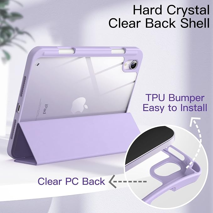 JETech Case Cover for iPad mini A17 Pro/6th Gen (2024/2021) Black | Clear Transparent Back Pencil Holder Slim Shockproof Protection Tri-Fold Stand Auto Wake/Sleep