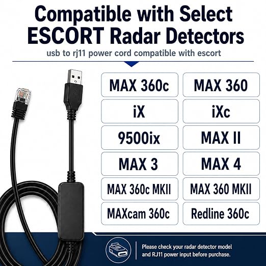 USB to RJ11 Radar Detector Power Cord 12.1ft USB Power Cable for Escort | Compatible with Escort MAX 360c MAX 360 iX iXc 9500ix MAX 3 MAX 4 MAX 360c MKII Redline 360c and Select RJ11 Models