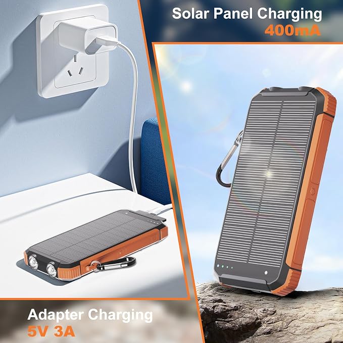 Solar Charger Power Bank 20000mAh Wireless Fast Charging Battery Pack with 3 Built-in Cables &amp USB-C Input Dual LED Flashlights Portable Phone Charger for Camping Travel &amp Emergency Use (B