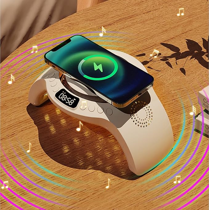 5 in 1 mutifunction Mobile Wireless Charger with Bluetooth Speaker UV Nail Lights Clock AlarmNight Light