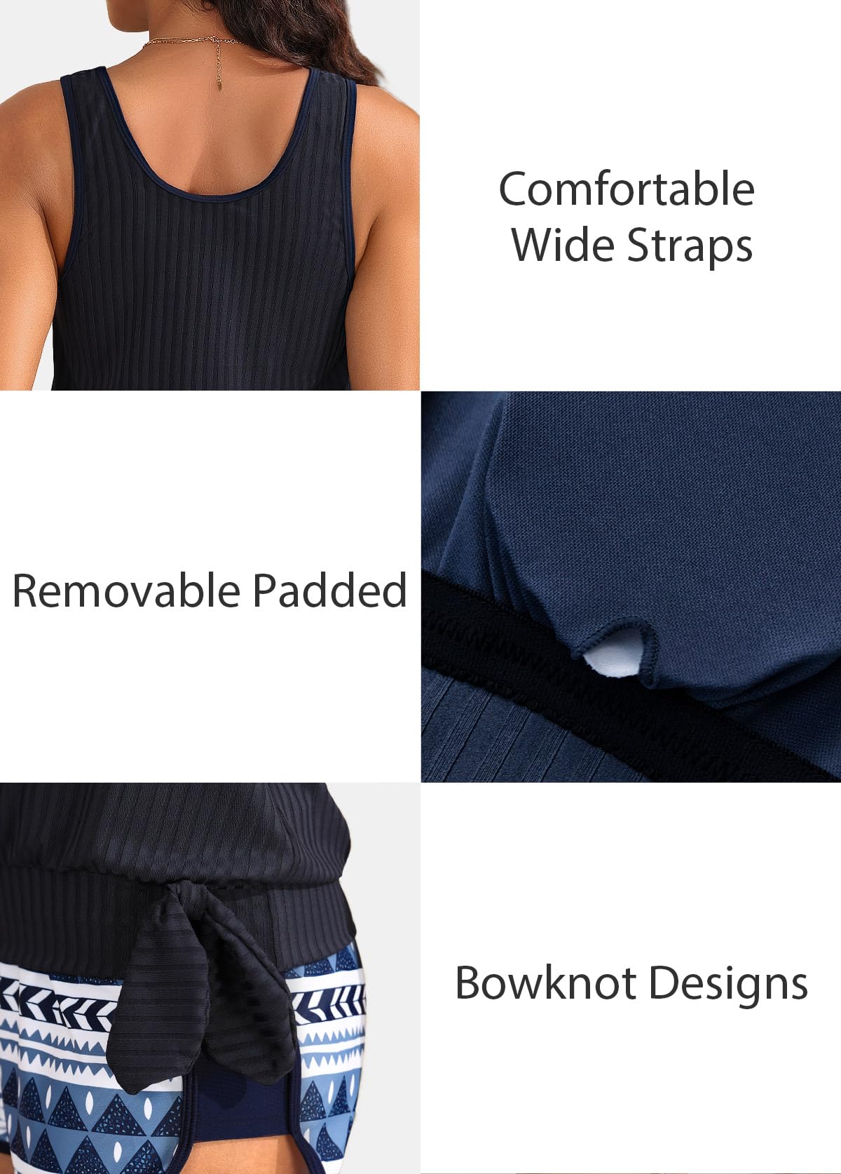 ROSEWE Modest Tankini Swimsuits for Women, Two Piece Athletic Womens Bathing Suits Blouson Tank Tops with Board Shorts Navy