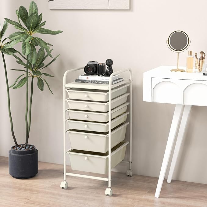 COSTWAY 6-Drawer Rolling Storage Cart, Multifunctional Art Craft Tools Organizer on Wheels, Heavy Duty Utility Mobile Storage Trolley w/ 2 Lockable Wheels for Home Office School (White)