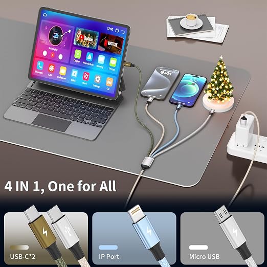 4 in 1 Multi Charging Cable 2 Pack 6FT Charging Cords for Devices | Nylon Braided USB C Car Charger Cable with Dual USB-C IP &amp Micro Ports Long Travel Charging Cord for Cars