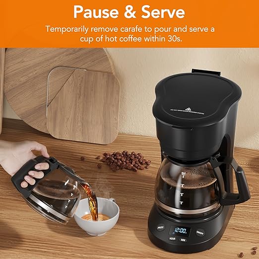 Electactic 5-Cup Programmable Drip Coffee Maker, a compact coffee machine with a digital clock and 24-hour programmable timer, featuring Auto Shut-Off, and a Removable Filter Basket for Home & Office.