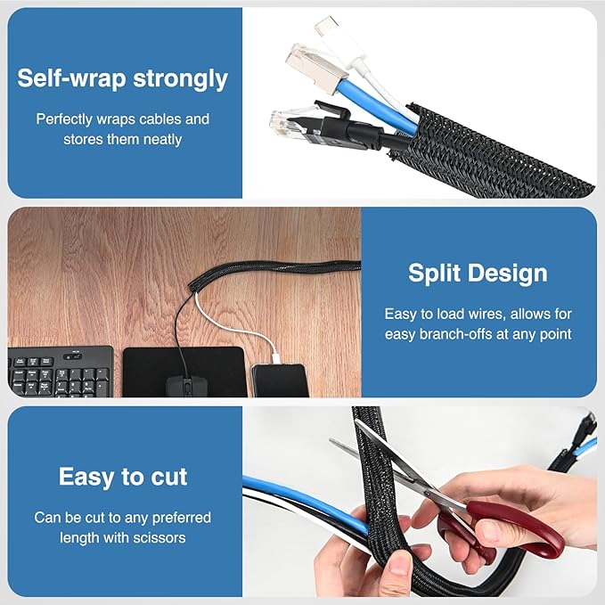 Nilight Cable Sleeve, 10ft-1/2inch Cord Management Sleeves, Braided Sleeving, Split Self Wrapping Wire Loom for Computer Electrical Automotive Harness Protector Organizer, Black
