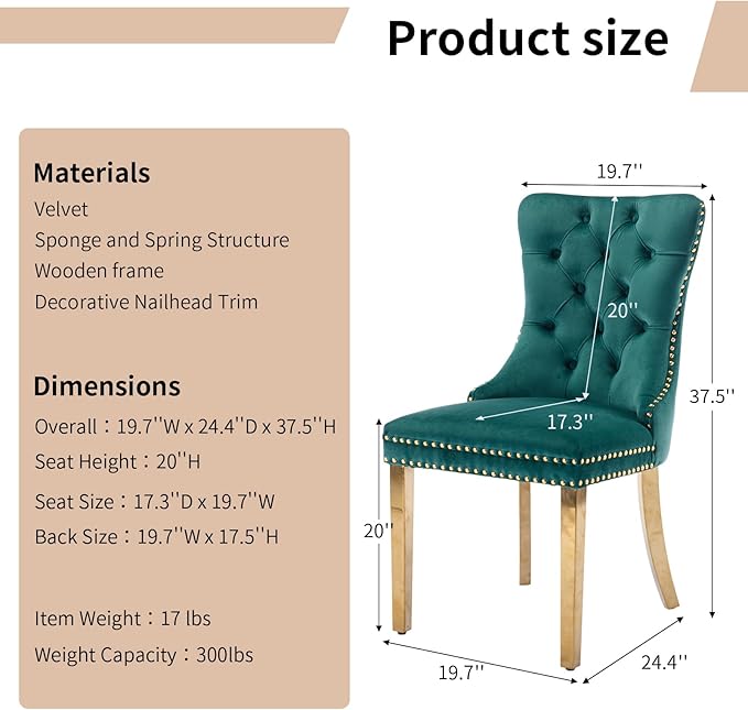 Luxury Upholstered Dining Chairs Set of 4, Green Kitchen Chair with Golden Metal Legs, Velvet Tufted Back Dining Chair, Sillas de Comedor, Modern Kitchen & Dining Room Chairs (Green, 4 Pcs)