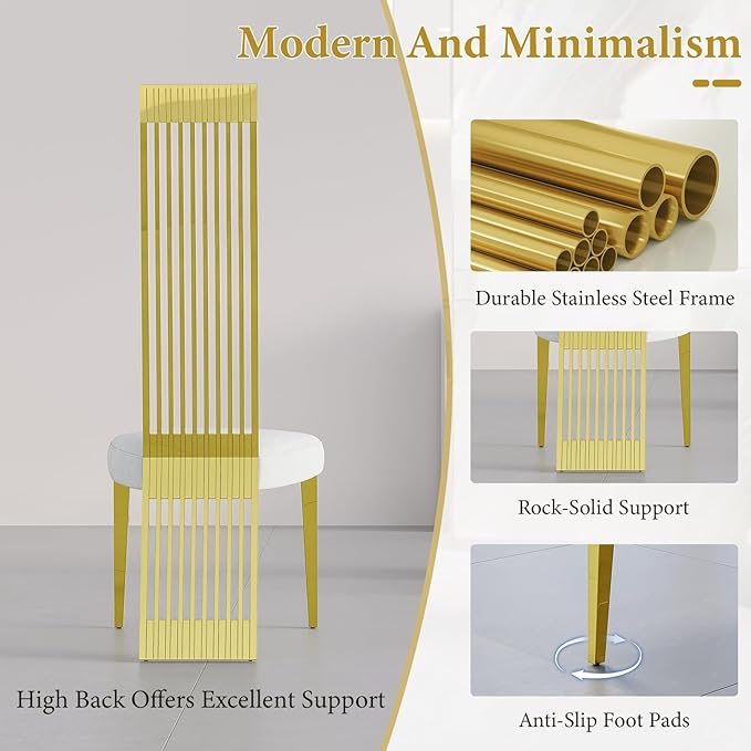 Gold Dining Chairs Set of 4, White Boucle Dining Chairs with Mirror Gold Stainless Steel Backrest and Legs, Modern Elegant Upholstered Dining Room Chairs for Dining Room Kitchen Restaurant