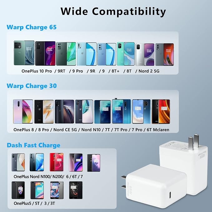 65W Warp Charger Replacement for OnePlus for OnePlus 13/12R/12/11/10/Nord 2 5G/9 Pro/9RT/9/9R/8T/Realme 10V 6.5A Fast Charging Adapter with 5.0ft USB-C Cable