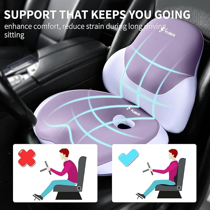 FLORICH Seat Cushion and Lumbar Support Pillow for Office Chair Car Neck Headrest Pillow 100% Memory Foam Seat Pads Pressure Relief Back Cushion and Carseat Pads(Purple)