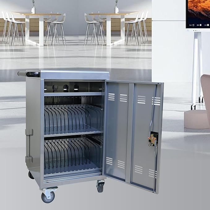 32-Bay Mobile Charging Cart with Keyed Lock, Steel Laptop & Tablet Charging Cabinet with Cable Management, Rolling Power Station for Classroom, Office, School, Library