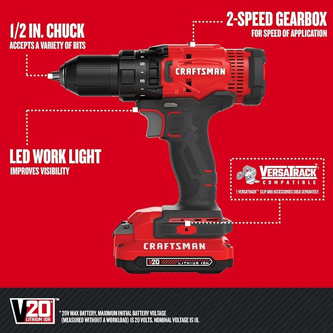 CRAFTSMAN V20 Cordless Drill/Driver Kit, 1/2 inch, Battery and Charger Included (CMCD700C1)