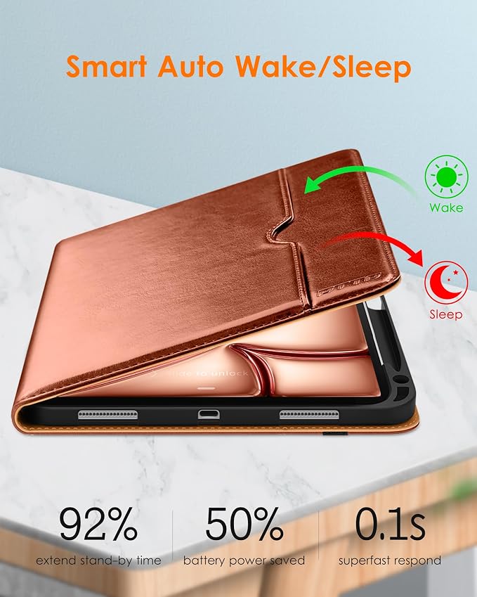 DTTO for iPad Air 11-inch Case M4/M3/M2 (2026/2025/2024) iPad Air 5th / 4th Generation (2022/2020) Premium Leather Business Folio Stand Cover with Pencil Holder - Auto Sleep/Wake Brown