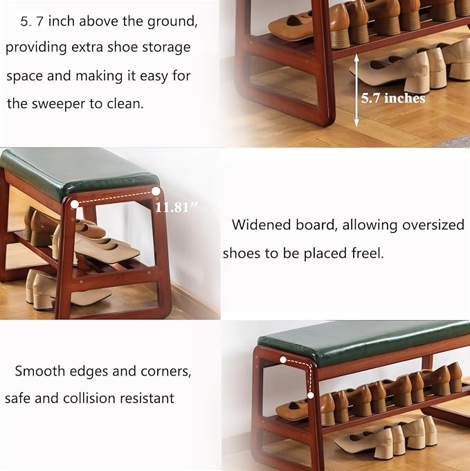 SOBIBO Solid Wood Shoe Bench, 2-Tier Wooden Entryway Bench, Modern Shoe Rack with Faux Leather Cushion for Hallway, Living Room (Green, 21.65'')