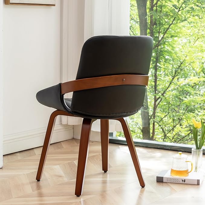 Mid Century Modern Faux Leather Upholstered Dining Chairs,Armless Accent Chairs with Sturdy Natural Wood Legs,Bamboo Backrest Support for Kitchen&Dining Room Chairs(1PCS,Black)
