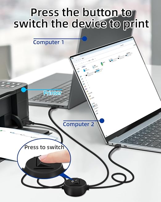 2 in 1 USB Printer Splitter Cable USB A Male to USB B Male Printer Cable with Toggle Switch for 2 Computers Share Scanner Printer.(2.5M/8.2FT)