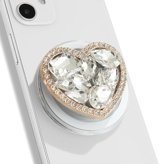 OnTheGrip Cute Cubic Diamond Heart Shape Design Collapsible Expandible Mobile Phone Grip Stand Holder for Smartphone Tablet Cell Phone Accessory (Silver Small)