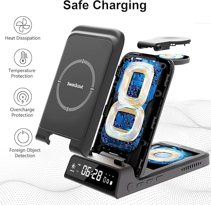 Charging Station for iPhone, SwanScout 703A, Wireless Charger for iPhone 16/15/14/13/12/11 Series, for Apple Watch 10/Ultra 2/9/8/7/6/5/SE 2, for Airpods Pro 2/4, Travel Foldable and Portable