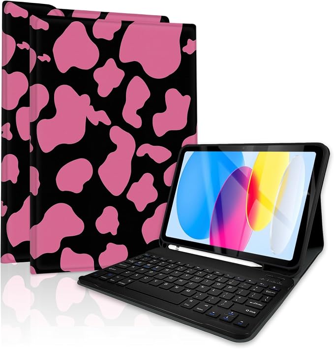 for Bluetooth Keyboard for iPad 10th Gen 10.9 inch (2022) case (A16) 11th / 10th Gen Case 11'' (2025) with 7-Color Backlights Pencil Holder Detachable Rechargeable - Black Cow