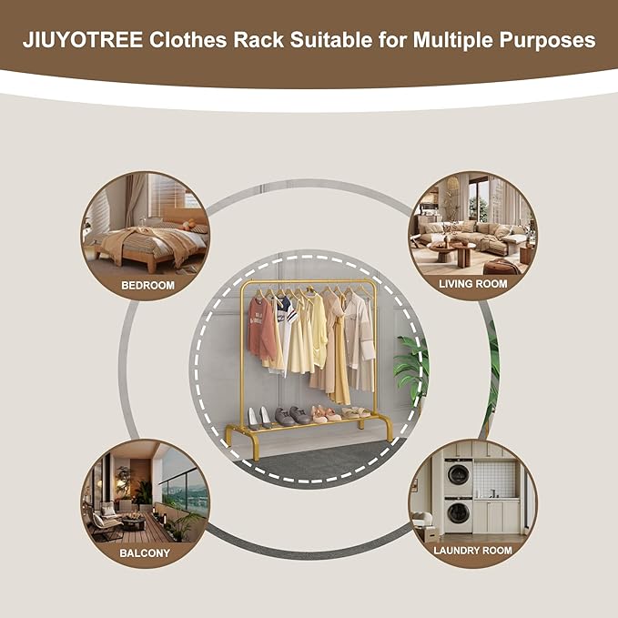 JIUYOTREE Metal 43.3 Inches Garment Rack with Bottom Shelf Clothing Rack for Hanging Clothes Coats Skirts Shirts Sweaters Gold