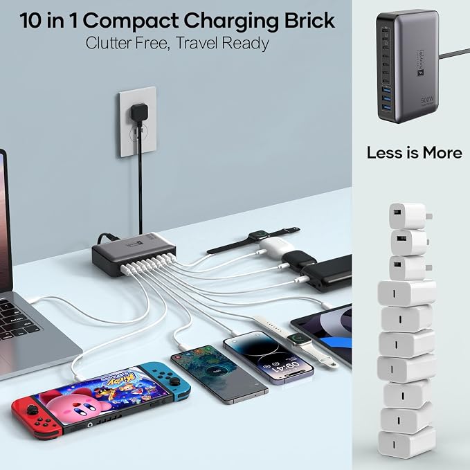 8-Port Multi Charging Stations 200W with Flat Plug Braided Power Cord and On/Off Switch- USB Charging Hub for iPhone iPad MacBook and More- 65W C Port Power Adapter for Laptops