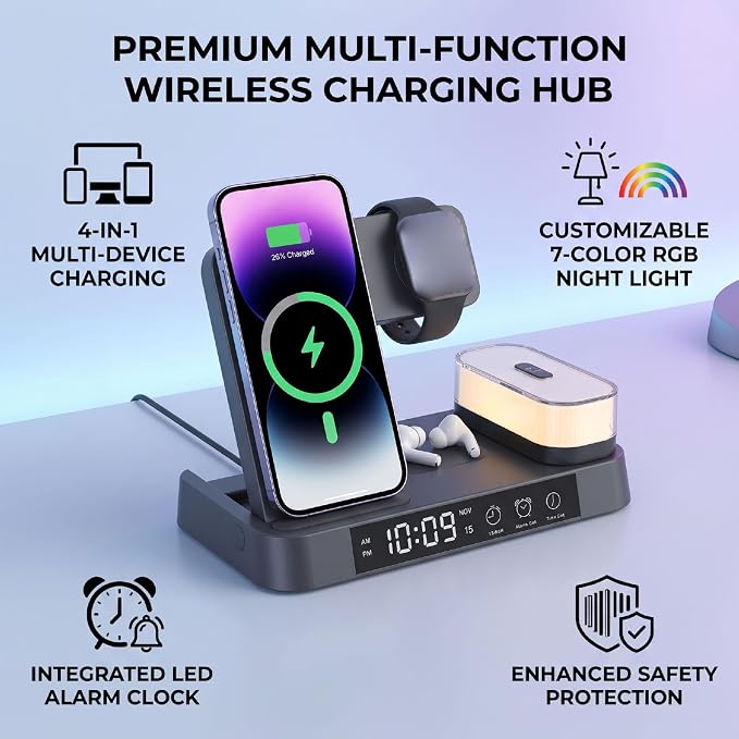 EBTOOLS 4 in 1 Magnetic Charging Station Wireless Charger Stand with LED Display Digital Clock Alarm RGB Night Light for Smartphones Watch Earbuds (Black)