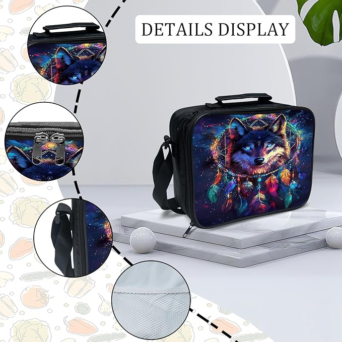 Wolf Backpack Set 3 Piece School Bags and Lunch Box with Pencil Case Blue Cool Wolf Dream Catcher Bookbag Set for Toddler Kids Girls Boys Teens Kindergarten Elementary Middle