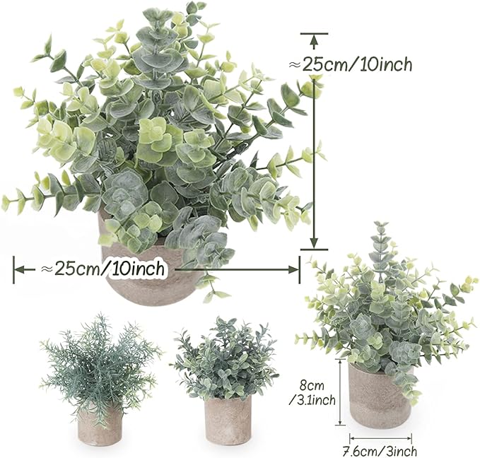 Fake Plants,3 Pack Small Artificial Plants Indoor Mini Potted Faux Plants For Home Decor,Eucalyptus Greenery Plastic Green Grass Fake Plants for Shelves Desk Bathroom Bedroom Farmhouse Shelf Decor