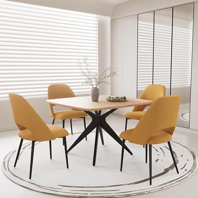 Kidol & Shellder 45.2" Square Dining Table Set for 2-4 People Modern MDF Wooden Dining Room Table with X-Shaped Metal Base Kitchen Table（Natural Table+4pcs Yellow Chairs）