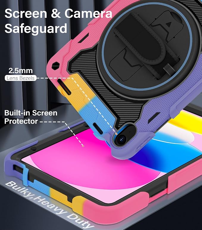 for iPad 9th 8th 7th Gen Case 10.2 inch with Screen Protector | 360° Rotating Kickstand Hand Strap Shoulder Strap Heavy Duty Military Grade - Kids Friendly