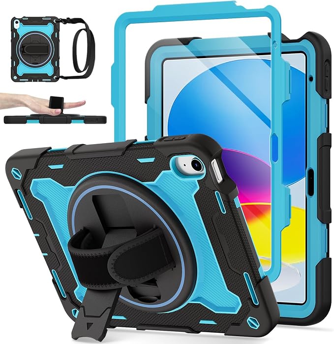 for iPad 9th 8th 7th Gen Case 10.2 inch with Screen Protector | 360° Rotating Kickstand Hand Strap Shoulder Strap Heavy Duty Military Grade - Kids Friendly