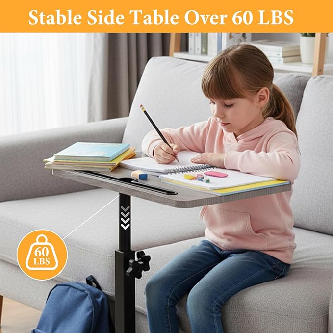 jessie Tv Tray Table, Adjustable Tray Table for Couch 360° Swivel C Shaped End Table with Phone Tablet Slot for Living Room, Sofa, Bedside, Bathroom (Gray)