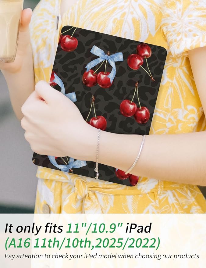 Case for iPad 9th/ 8th/ 7th Generation Case 10.2&amp10.5 Inch (2021/2020/2019 Release) Slim Lightweight Soft Trifold Back Cover with Pencil Holder &amp Auto Sleep/Wake Cover Cherries Cheetah Bows