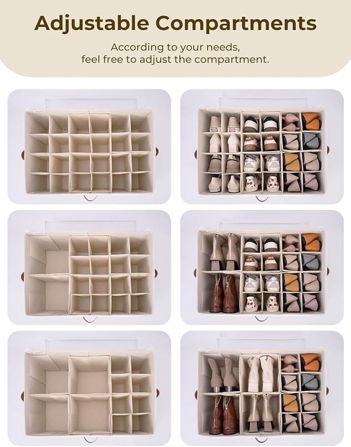 StorageWorks Shoe Organizer for Closet, Fits up to 24 Pairs, Shoe Cubby Storage Containers with Adjustable Dividers and Clear Cover, Brown & White