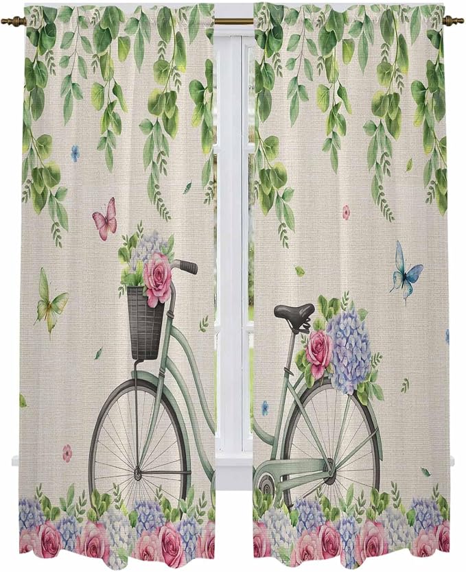Farmhouse Spring Kitchen Curtains, Retro Bicycles Flowers Vines Butterfly Light