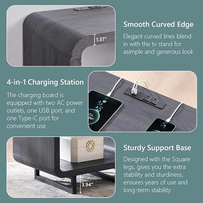 23.6" Modern End Table Set of 2, 2 Tier Side Table with Charging Station, Simple Bedside Table with Open Storage Shelf, Outlet, Wooden Nightstand for Bedroom, Living Room, Study, Dark Grey