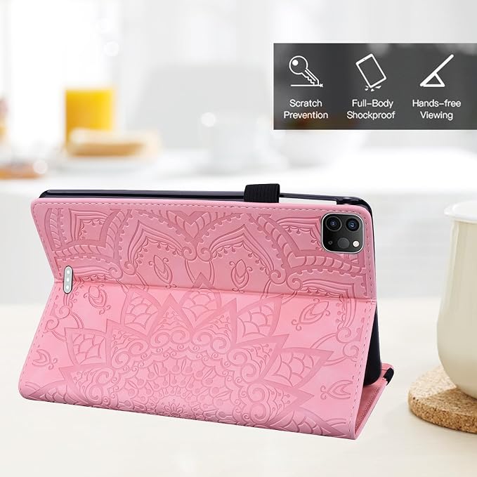 Folio Case for iPad Pro 11 2018-2022 iPad Air 11 2025/2024/Air 10.9 - Techcircle Stand Mandala Embossed PU Leather Soft TPU Cover with Elastic Strap Card Slots Pencil Holder - Pink