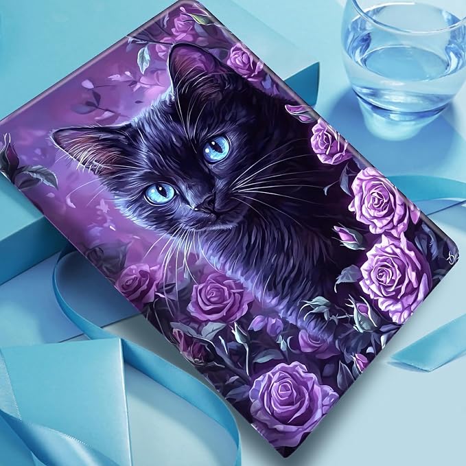 Case for Fire 7 2019/2017/2015Black Cat Purple Roses | DIGTIALL Slim Cover for Fire 7 Tablet 9th/7th/5th Gen 7.0 Folding Stand Protective Case Auto Sleep/Wake Smart Shell