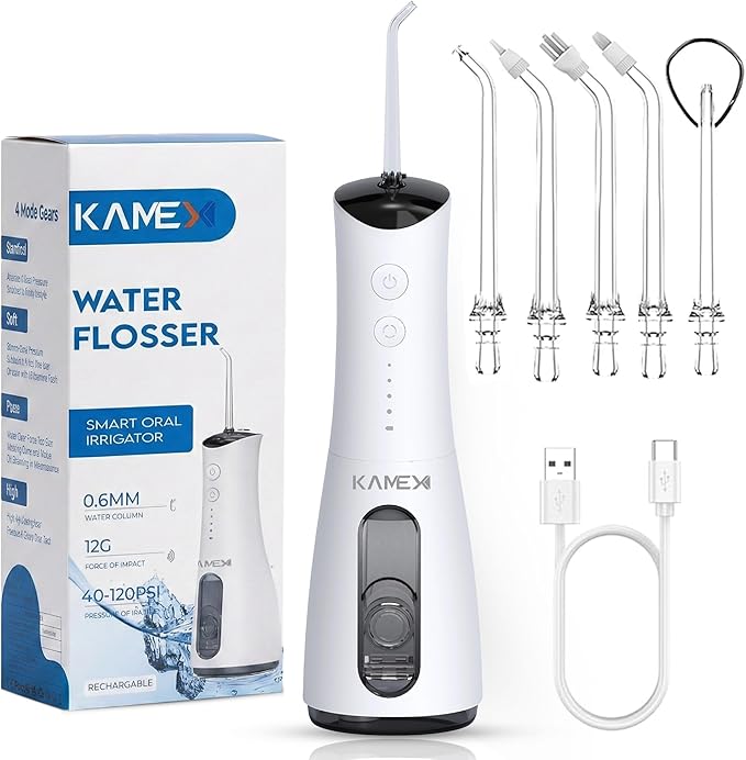 KAMEX Cordless Water Dental Flosser for Teeth Cleaning: Portable Oral Irrigator with 300ML Tank, 4 Cleaning Modes, Rechargeable IPX7 Waterproof Travel Water Flosser for Sensitive Gums, Braces