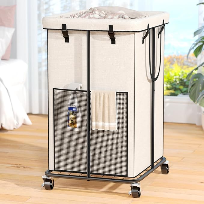 150L Laundry Hamper with Wheels, Rolling Laundry Basket with Metal Frame and Removable Bag, Large & Tall Dirty Clothes Hampers for Bedroom Aesthetic, Laundry Room, Bathroom, Dorm-White