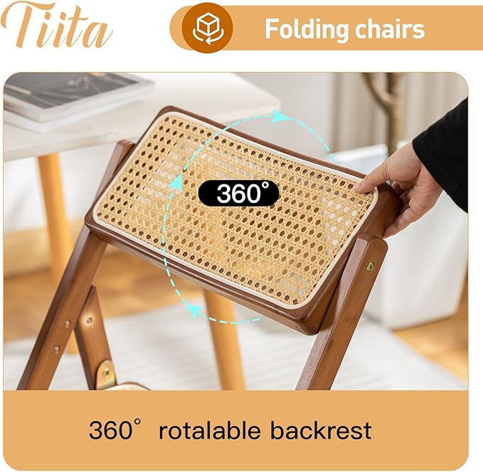 Tiita Rattan Dining Chairs Set of 1, Mid Century Modern Folding Chair, Bamboo Folding Dining Chairs for Small Space, Dining Room, Living Room, Bedroom, Walnut
