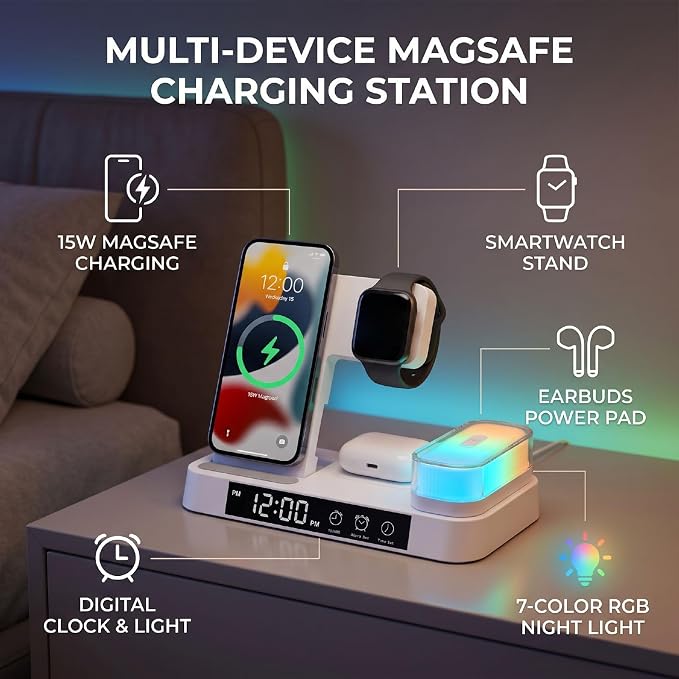 EBTOOLS 4 in 1 Magnetic Charging Station Wireless Charger Stand with LED Display Digital Clock Alarm RGB Night Light for Smartphones Watch Earbuds (Black)