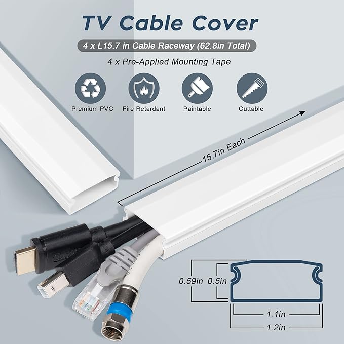 TV Cable Hider - 62.8in PVC Cord Hider Cable Management Wall, Paintable Cord Concealer for Wall Mounted TV, Cables Raceway White Wire Hider, Wall Wire Covers for Cords, 4* L15.7in *W1.2in *H0.59in