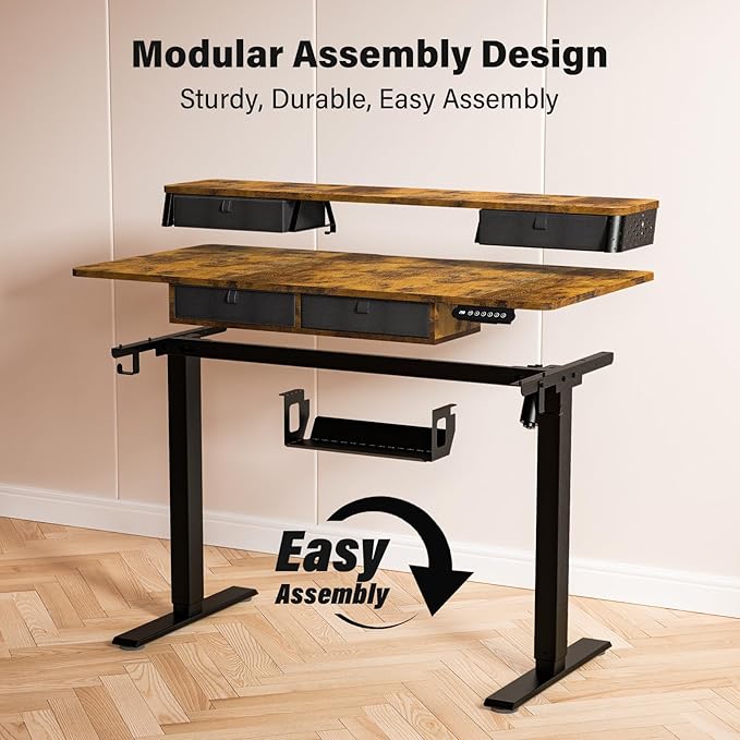 Electric Standing Desk with 4 Drawers 55''x 24'' Adjustable Height Sit to Stand Up Desk with Storage Shelf, C-Clamp Mount Compatible Black Home Office Desks Computer Gaming Table Ergonomic Workstation