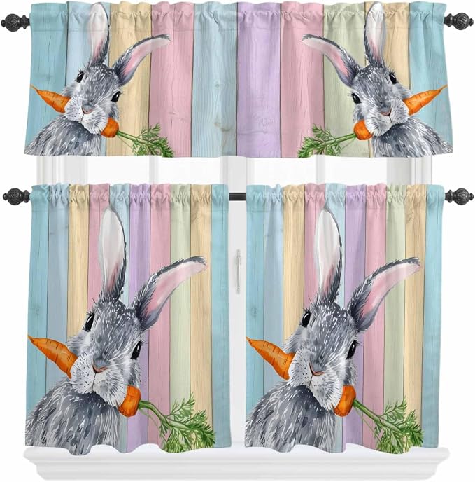 Easter Kitchen Curtain Set, Spring Grey Rabbit Carrots Colorful Wooden Plank