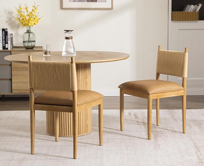 CIMOTA Faux Leather Modern Dining Chairs Set of 6, Mid Century Upholstered Dining Room Chairs with Woven Back, Armless Kitchen Chairs with Natural Solid Wood Legs, PU Brown